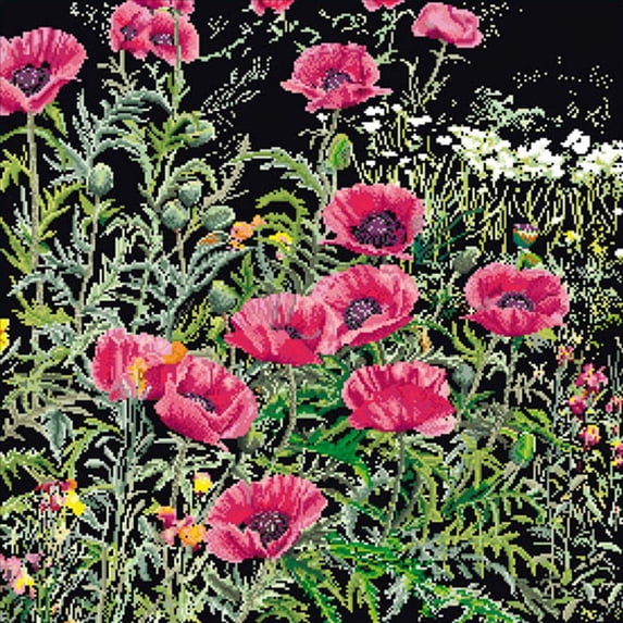 Pink Poppies On Aida Counted Cross Stitch Kit, 14.75" x 15.75", 18 Count