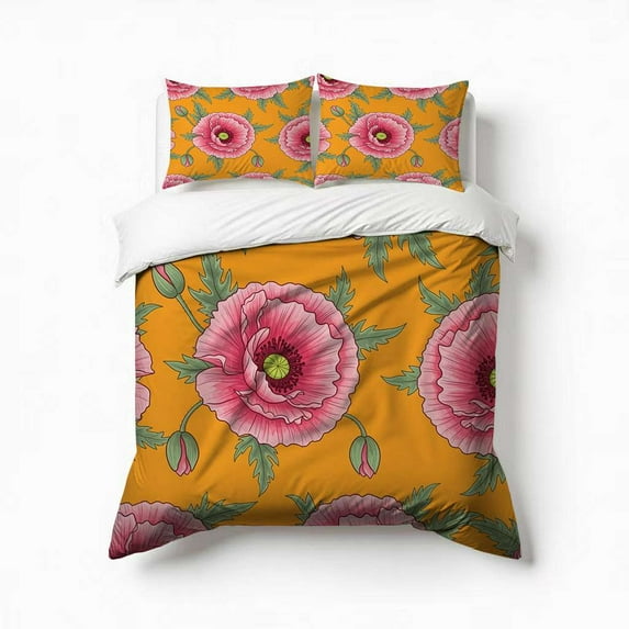 Pink Poppies Orange Background Floral Pattern Bedding Set 3 Pcs Soft Microfiber Quilt Cover For Bedroom Decor, Comforter Cover With 2 Pillowcase