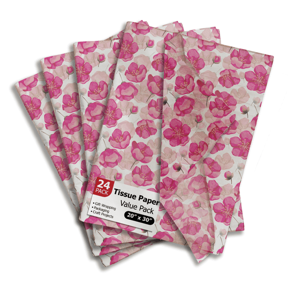 Pink Poppies Printed Tissue Paper for Valentine's Day Gift Bags or Boxes and Wrapping - Bulk Decorative Art Tissue Paper for Packaging and Gifting | 24 Sheets 20" x 30"