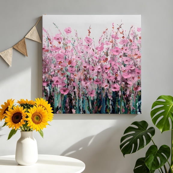 Pink Poppy Canvas Wall Art, Wildflower Garden Impressionist Botanical Framed Canvas Wall Decor Picture Print Artwork Decorations for Living Room Office Ready to Hang 8" x 8"