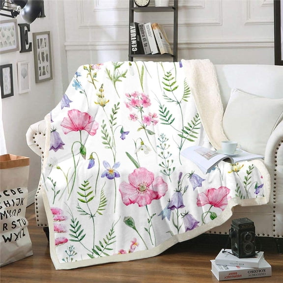 Pink Poppy Sherpa Blanket Poppy Floral Fleece Throw Blanket for Sofa Couch Bed Botanical Floral Printed Plush Blanket Ultra Soft Decor Colorful Wild Flowers Fuzzy Blanket Twin 60x80 Inch