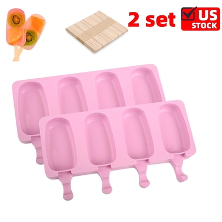 Pink Popsicle Silicone Molds Set, 2 PCS Ice Cream Molds with 50 Wooden Sticks for Cake Pop, Ice Pop, Cakesicles, Standard Size