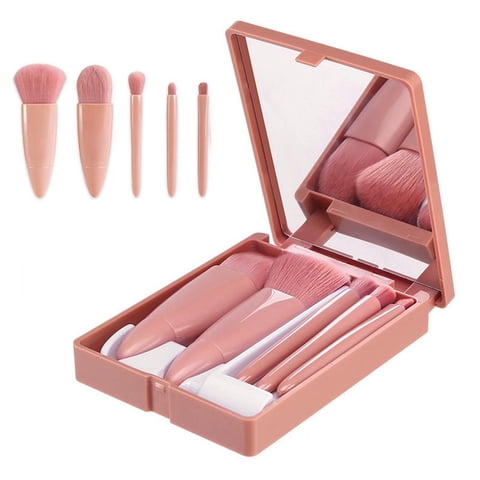 Pink Portable Makeup Brush Set with 5 Brushes and Mirror for Travel and Everyday Use