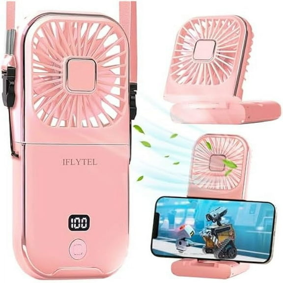Pink Portable Mini Fan, Foldable Personal Handheld Portable Fan with Power Bank, Mini Fan USB Rechargeable, Phone Holder, 4 Speeds Adjustment for Womens Girls Kids Travel Outdoor Office