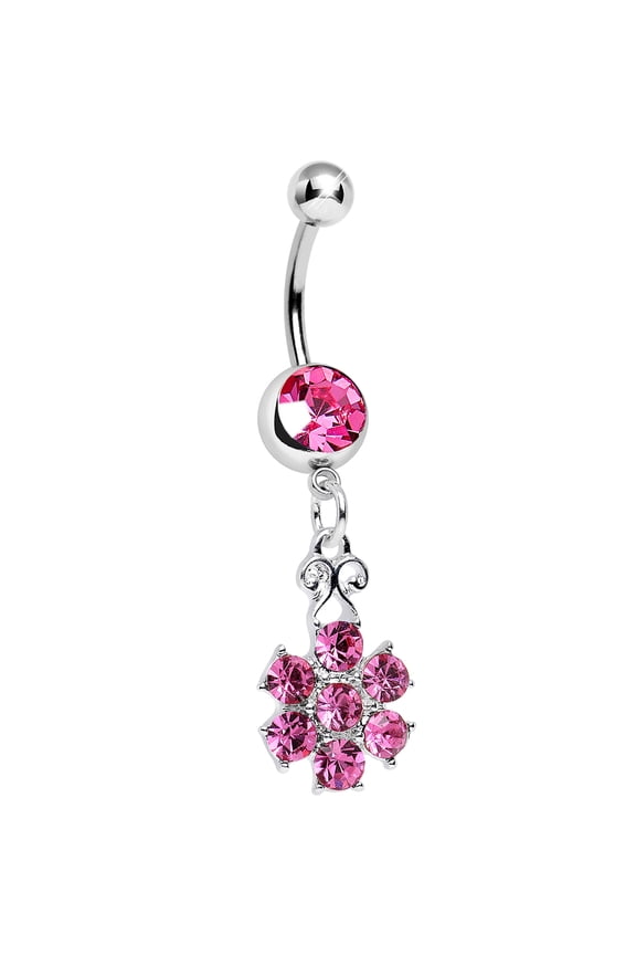 Pink Potted Peony Flower Dangle Belly Ring