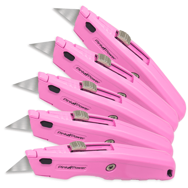 Pink Power 5Pack Retractable Box Cutter Knife with 3 Utility Knife Blades & Storage Compartment