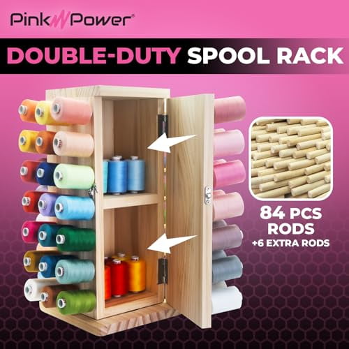 Pink Power 84 Spools Thread Holder Stand - 360 Full Rotating Wooden Thread Holder - Thread Rack - Embroidery Thread Organizer - Thread Storage box for Sewing, Quilting, Jewelry, and Hair-Braiding
