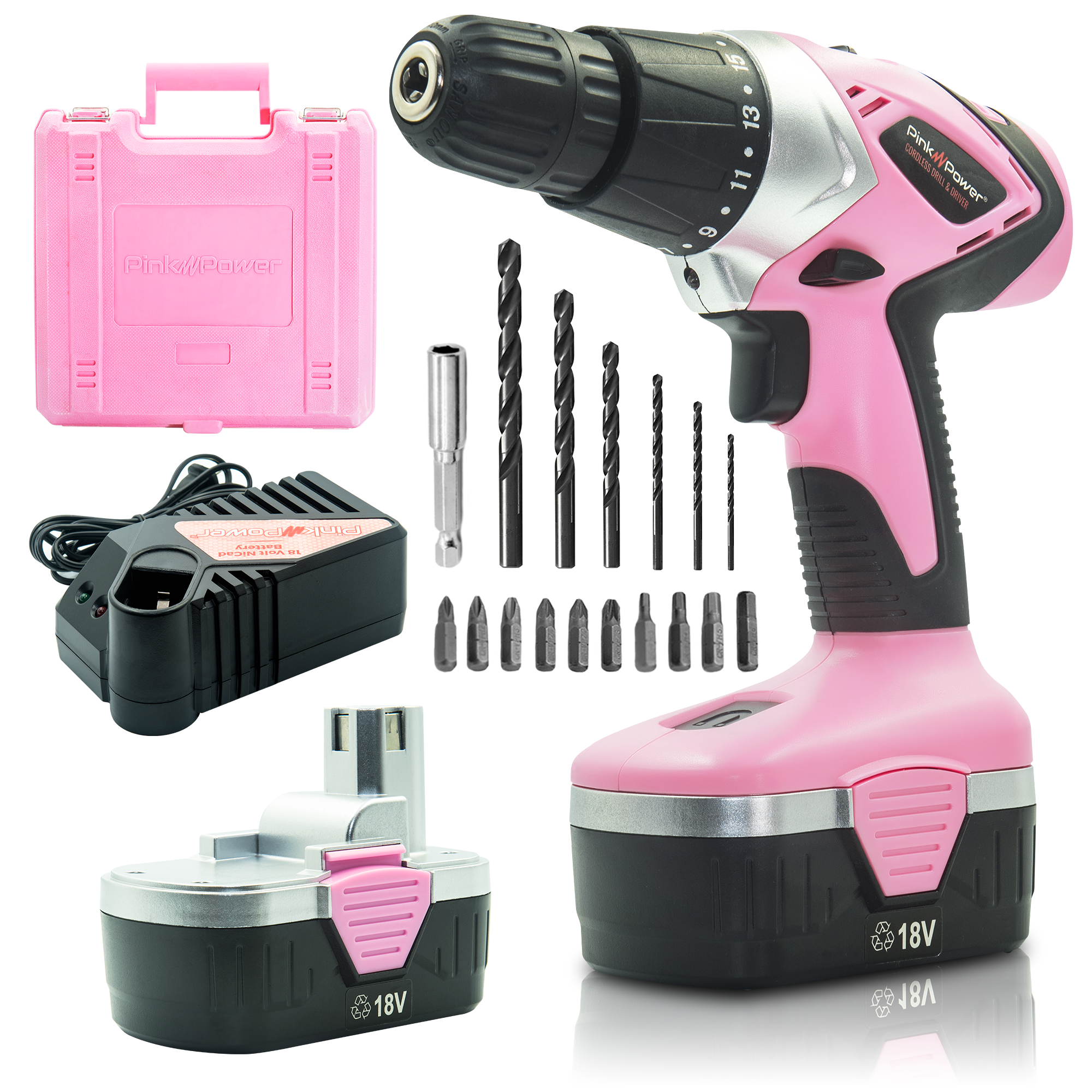 Pink Power Cordless Drill Set for Women - 18V Electric Drill Driver with Tool Case, Batteries, Charger & Drill Bit Set - image 1 of 6