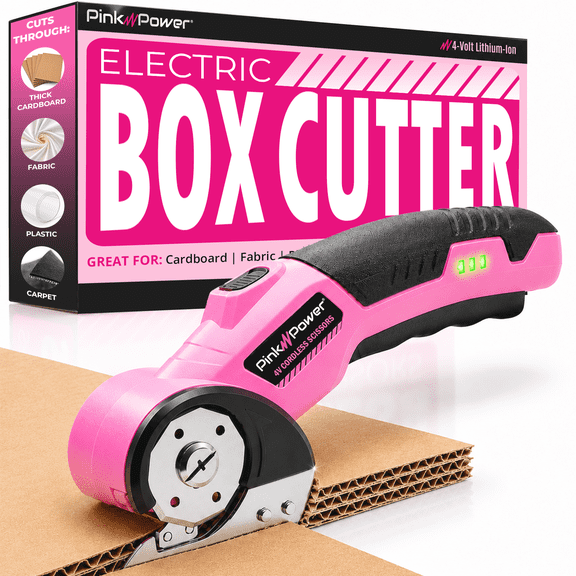 Pink Power Cordless Electric Scissors with Round Rotary Blade - Rechargeable Box Cutter Precision Cutting Tool for Crafts, DIY, Sewing, Fabric & Hobby Projects