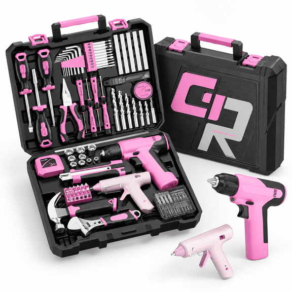 Pink Power Drill Set 188PC Cordless Home DIY Tool Kit with Storage Case