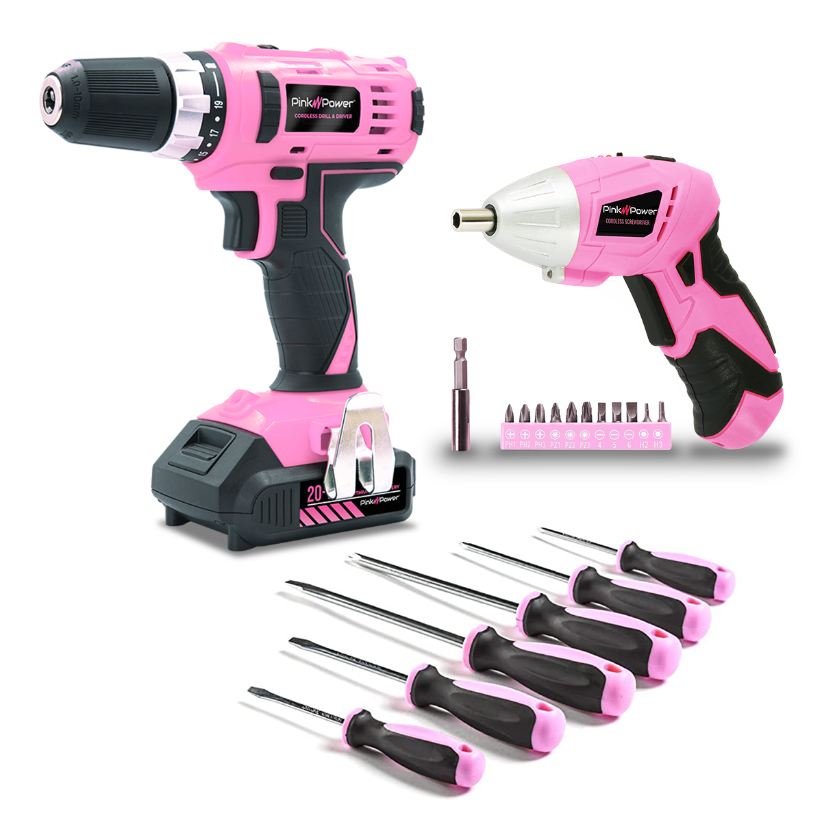 Pink Power Drill Set for Women 20V Pink Cordless Drill Driver Tool Kit for Ladies, 3.6V Electric Screwdriver and 6 Piece Flat and Phillips Head Hand