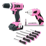Pink Power Drill Set for Women 20V Pink Cordless Drill Driver Tool Kit for Ladies, 3.6V Electric Screwdriver and 6 Piece Flat and Phillips Head Hand Tool Set - Electric Drill Set W/ Battery & Charger