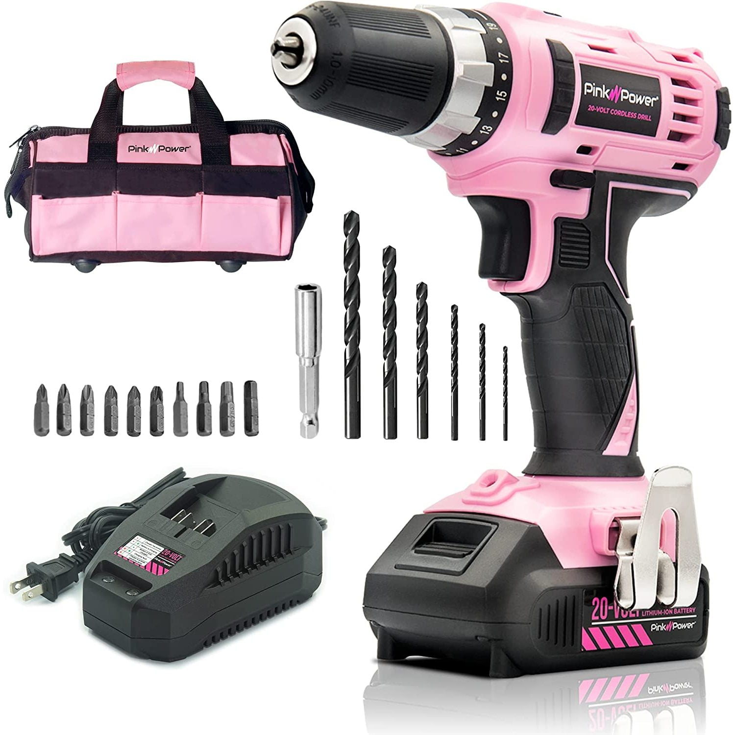 Pink Power Pink Drill Set for Women 20V Cordless Drill Driver Tool Kit for Women Li Ion Electric Drill Power Drill Set w Tool Bag Battery Charger Drill Bit Set Lightweight Screwdriver Drill