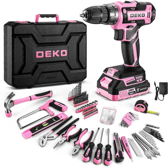 Pink Power Drill Tool Kit Set: 20V Cordless Electric Drill, Driver, Tool Box with Battery