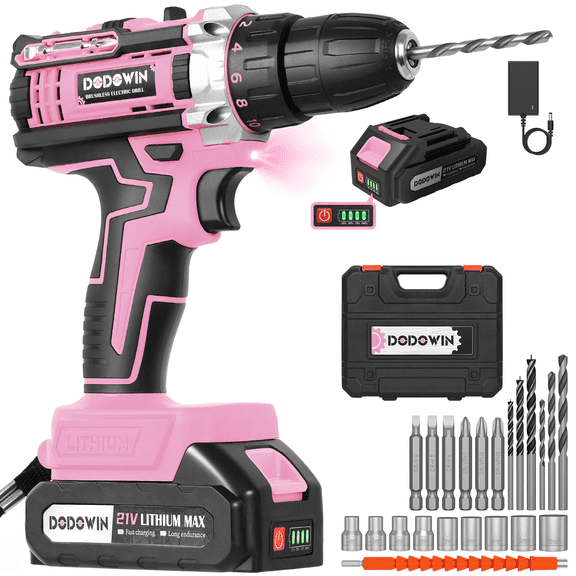 Pink Power Drill with Battery and Charger, Stylish Electric Screwdriver for Women, Trendy Tool Gift for Girlfriends, Wives, and Daughters