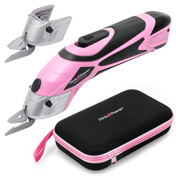 Pink Power Electric Fabric Scissors Box Cutter for Crafts, Sewing, Cardboard, Carpet, & Scrapbooking - Heavy Duty Professional Cutting Tool - Cordless Electric Scissors Fabric Cutter w/ Storage Case