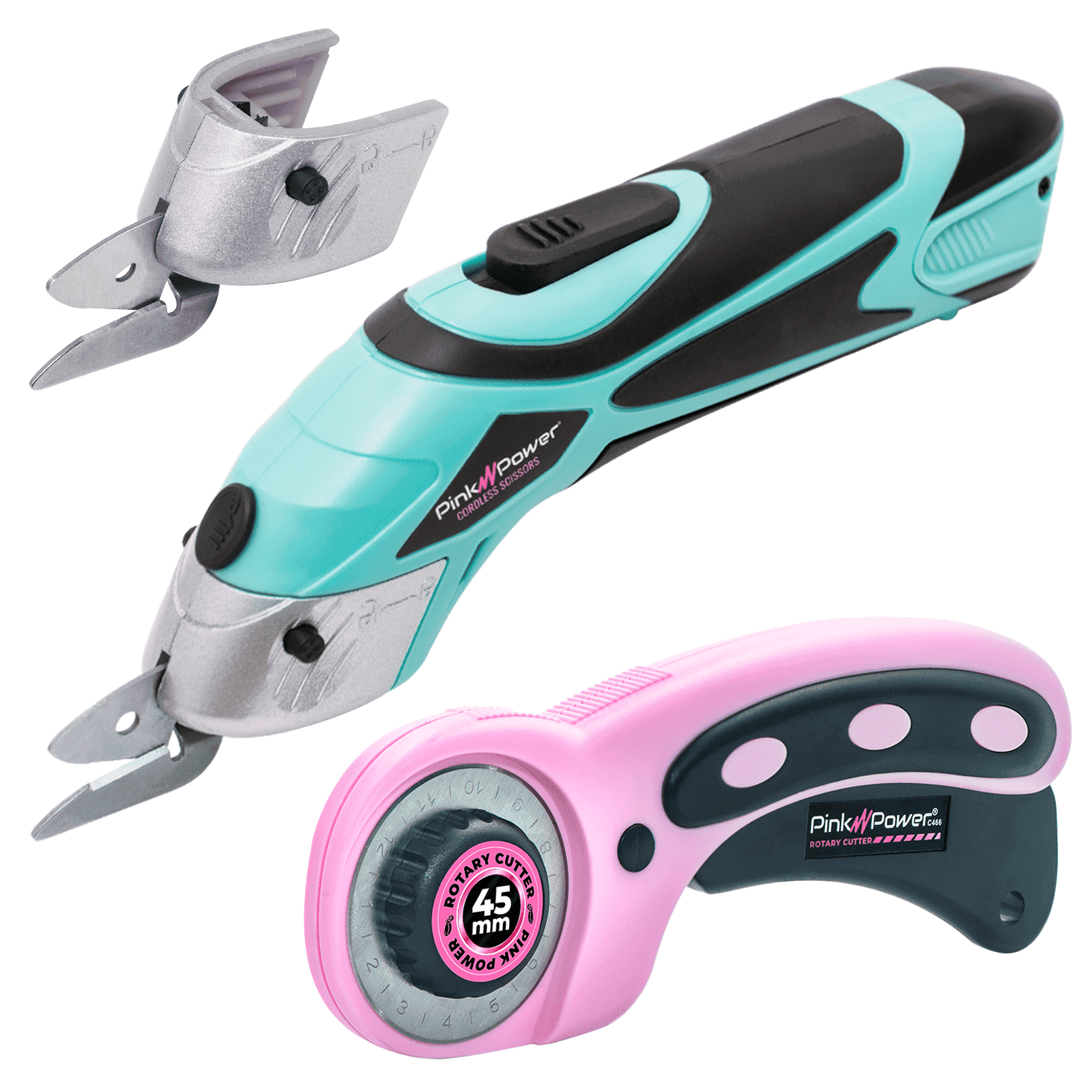 Pink Power Electric Fabric Scissors for Crafts, Sewing, Cardboard, Carpet & Scrapbooking - Heavy Duty Cutting Tool, Cordless Electric Scissors Fabric Cutter & Rotary Cutter Set (Aqua Splash)