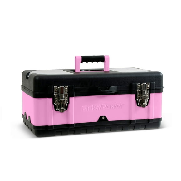 Pink Power Pink Tool Box for Women - 18" Small Metal & Plastic Portable Lightweight Pink Locking Empty Toolbox Chest - Craft Tote Storage Tool Case Organizer for Ladies Pink Tool Set Kit