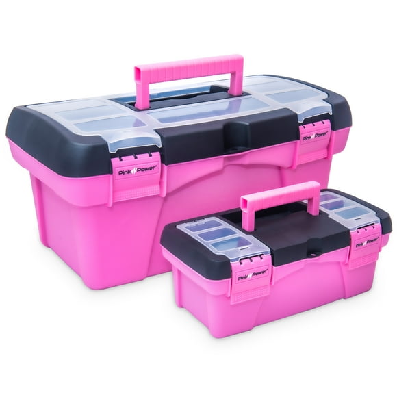Pink Power Pink Tool Box for Women - Sewing, Art & Craft Organizer Box Small & Large Plastic Tool Box w/ Handle - Pink Toolbox Sewing Box Tool Storage Box - Portable Mini Locking Tool Boxes (2 Pack)