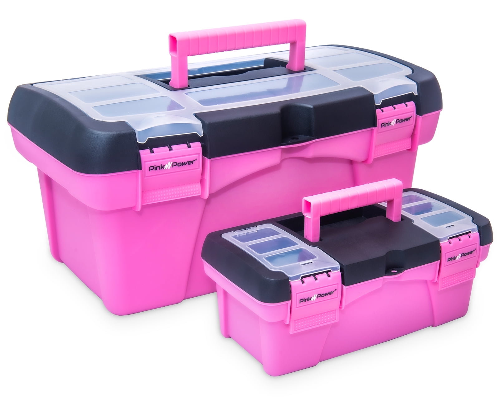 Pink Power Pink Tool Box for Women - Sewing, Art & Craft Organizer Box Small & Large Plastic Tool Box w/ Handle - Pink Toolbox Sewing Box Tool Storage Box - Portable Mini Locking Tool Boxes (2 Pack)