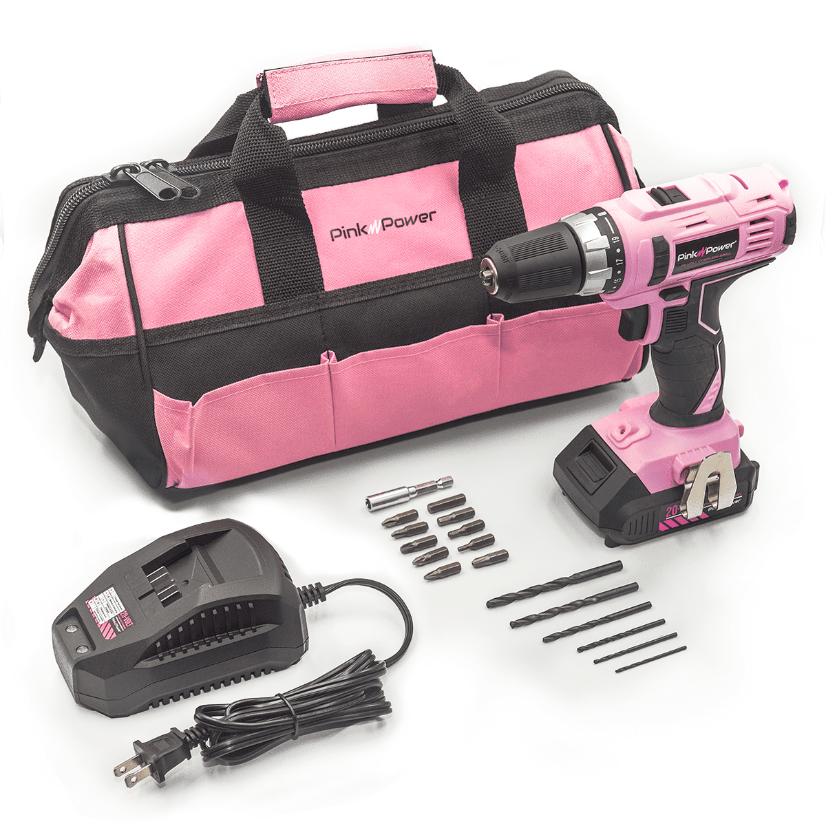 Pink Power Tool Set for Women 20 volt Electric Cordless Power Drill w Storage Bag 16 Pc. Drill Bit Screwdriver Set Charger 2 Batteries