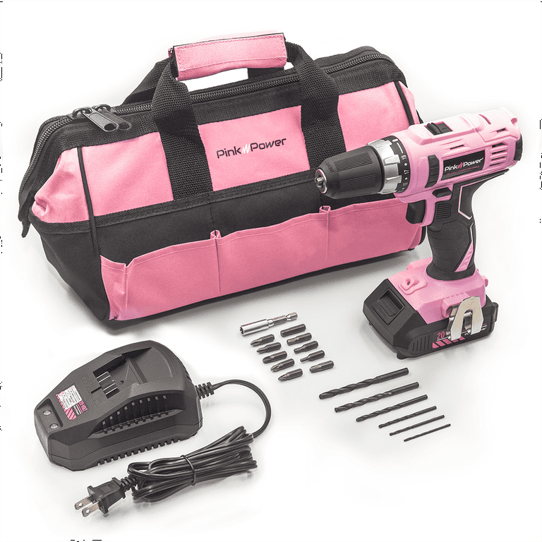 Pink Power Tool Set for Women 20 volt Electric Cordless Power Drill w Storage Bag 16 Pc. Drill Bit Screwdriver Set Charger 2 Batteries