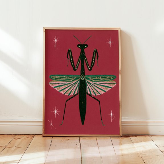 Pink Praying Mantis Poster, Jewel Insect Artwork, Paper Wall Art, Poster Only