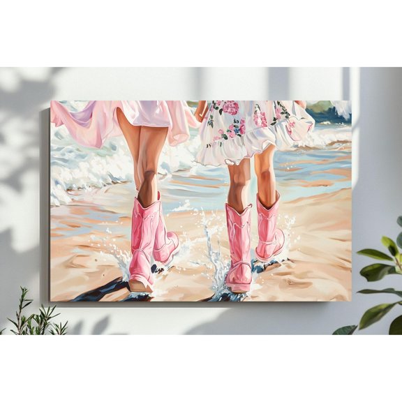 Pink & Preppy Cowgirl Boots Wall Art Girly Trendy Cowgirl Boots Ocean Coastal Dorm Room Print