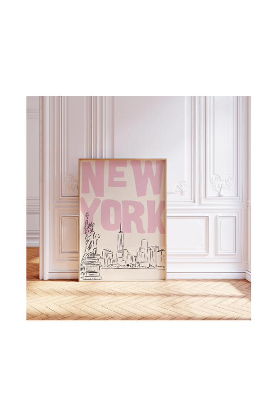 Pink Preppy New York City Travel Poster Skyline Sketch Wall Art