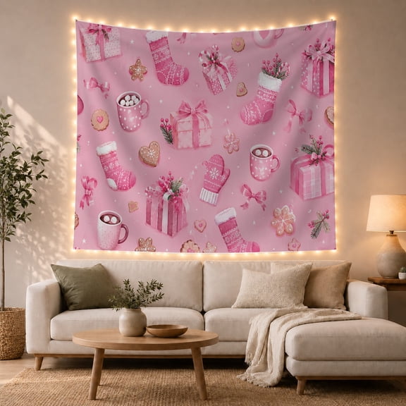 Pink Presents and Stockings on Pink Background, Playful Illustration for Festive Decor Lovers, Festive Wall Decor, Christmas Gift, Tapestry Wall Hanging for Bedroom and Dorm