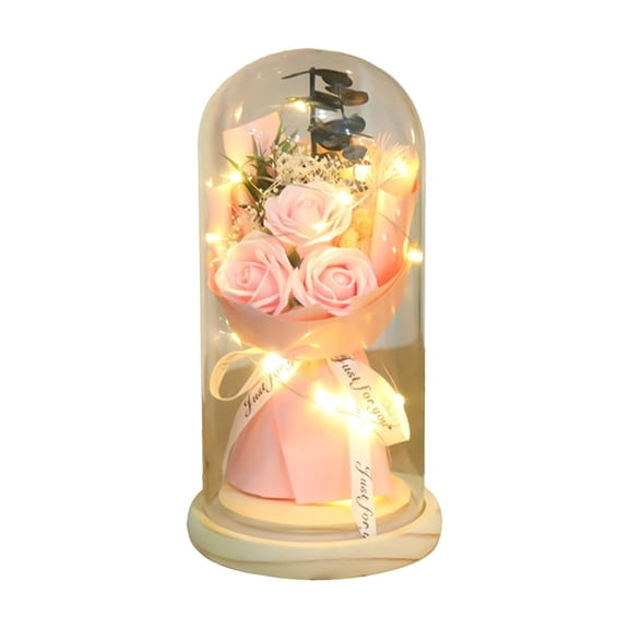 Pink Preserved Flowers LED Light Up Ornament Eternal Roses Decoration Valentine's Day Gift for Home Ambient Lamp Desktop Night Light Romantic Accent