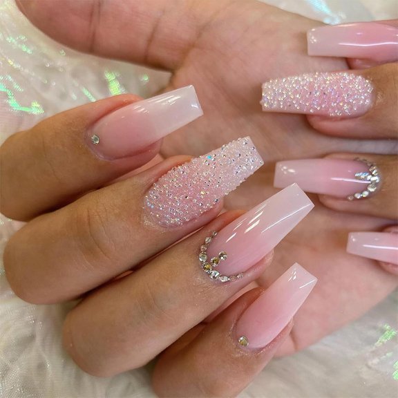Pink Press On Nails - Long Square Coffin Fake Nails, Pink White Ombre, Full Cover Acrylic, Glossy Gradient False Nails with Design Rhinestone, Stick On Nails for Women Girls Manicure, 24Pcs