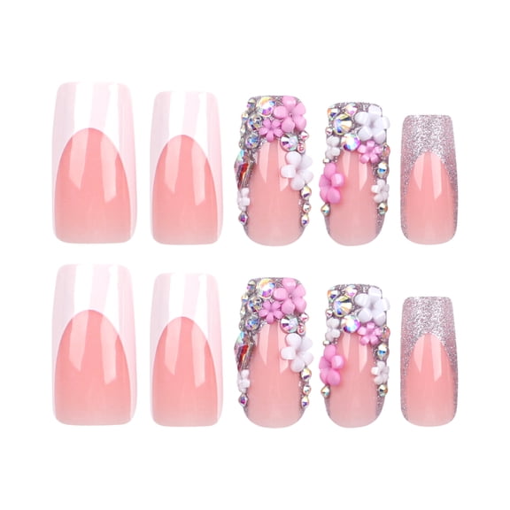 Pink Press on Nails Medium Square Fake Nails with French Tip Floral Rhinestone Designs Full Cover Adhesive Press Ons Sparkly Acrylic False Nails for Women Girls Nail Tips DIY Manicure 24 Pcs