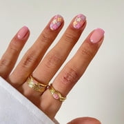 Pink Press on Nails Short Square False Nails with Design Flower Fake Nails Glossy French Tip Stick on Nails Coffin Acrylic Nails Full Cover Pink Glue on Nails for Women Manicure 24Pcs Flower-16 24 Fl