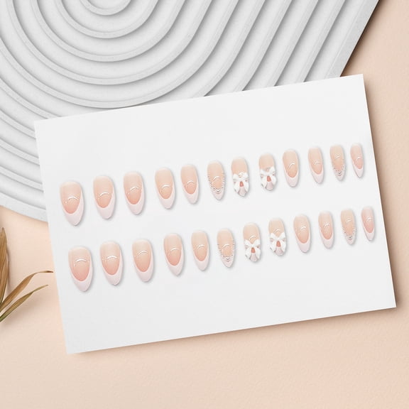 Pink Press on Nail with 3D Bow,24Pcs French Tips,Almond Fake Nail with Pearl Decor Long Lasting False Nail
