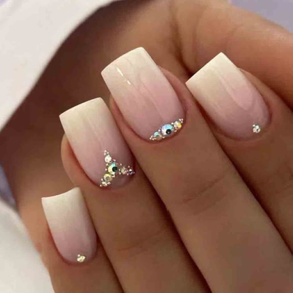 Pink Press on Nails Medium, Fake Nails Square Acrylic False Bling Rhinestone Gradient Nails, Artificial Nails for Women and Girls,24pcs Pink Medium