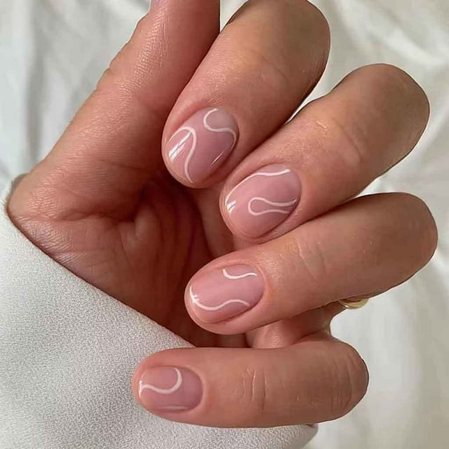Pink Press on Nails Short Fake Nails Square Acrylic Nails with Swirls Design Clear Nails(Short Square Pink)