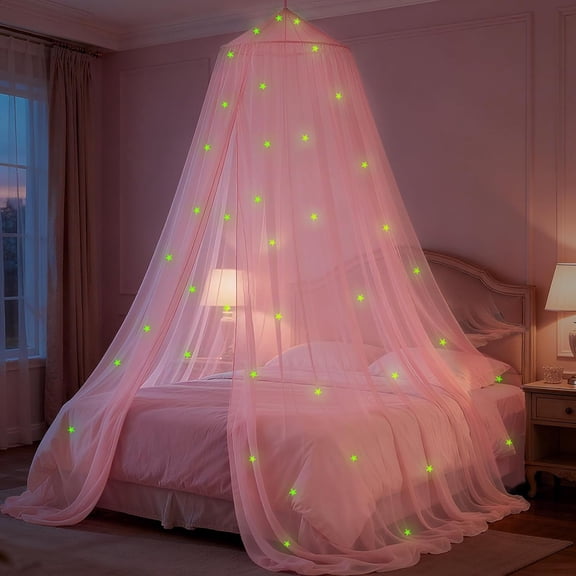 Pink Princess Bed Canopy for Girls with Glowing Stars, Canopy Bed Curtains for Twin, Full, and Queen Sizes; Ceiling Tent for Reading Nooks, Mosquito Net for Indoor Room Decor and Outdoor Use