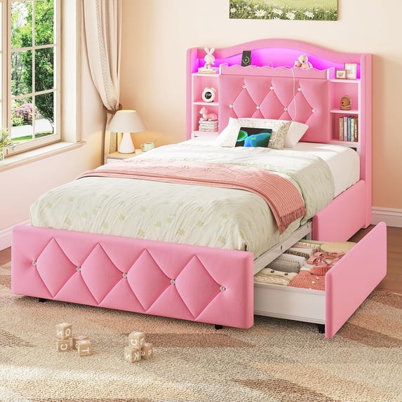 Pink Princess Beds Twin Size with LED Lights & Power Outlets, Twin Velvet Upholstered Platform Bed Frame with Bookcase Headboard and Storage Drawers, Girls Beds for Bedroom