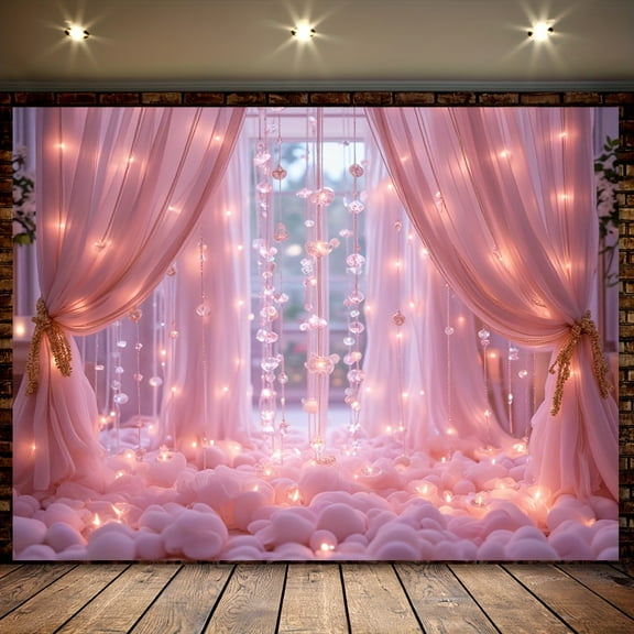 Pink Princess Birthday Backdrop Elegant Pink Curtains Hearts Tassels Wedding Photography Background Pink Floral Cloud Princess Baby Shower Party Decorations Banner Supplies Photo Booth Props