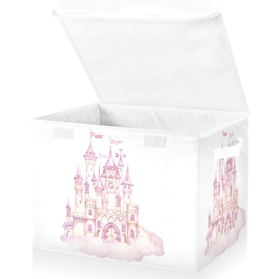 Pink Princess Castle on Clouds Large Lidded Storage Bin Foldable Storage Boxes Cubes Baskets Lids with 2 Handles for Home Bedroom Office 16.5x12.6x11.8inch