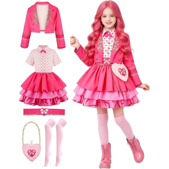 Pink Princess Cosplay Costume Set, Long Sleeve Jacket and Heart Print Dress, 5-Piece Royal Outfit for Halloween and Birthday Party