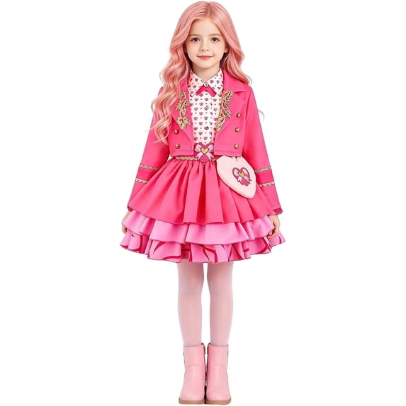 Pink Princess Costume Set, Halloween Cosplay Dress Set with Crop Jacket, Layered Ruffled Skirt & Heart Bag for Halloween, Birthday Party