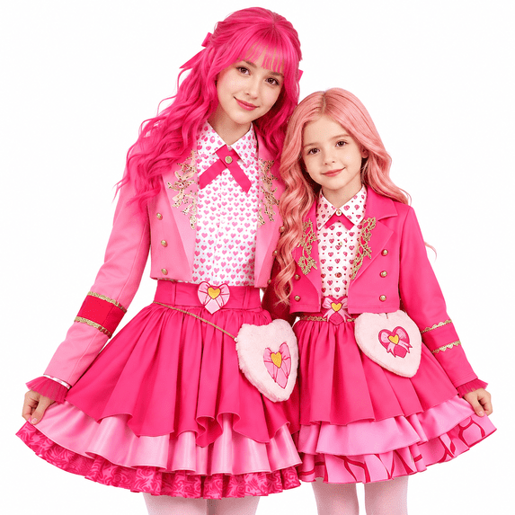 Pink Princess Costume Set for Ki'ds & Adults - Matching Pink Cosplay Costume Set with Blazer, Printed Shirt, Tiered Skirt & Heart Bag - Halloween Cosplay Dress Up Outfit for Parent & Little One