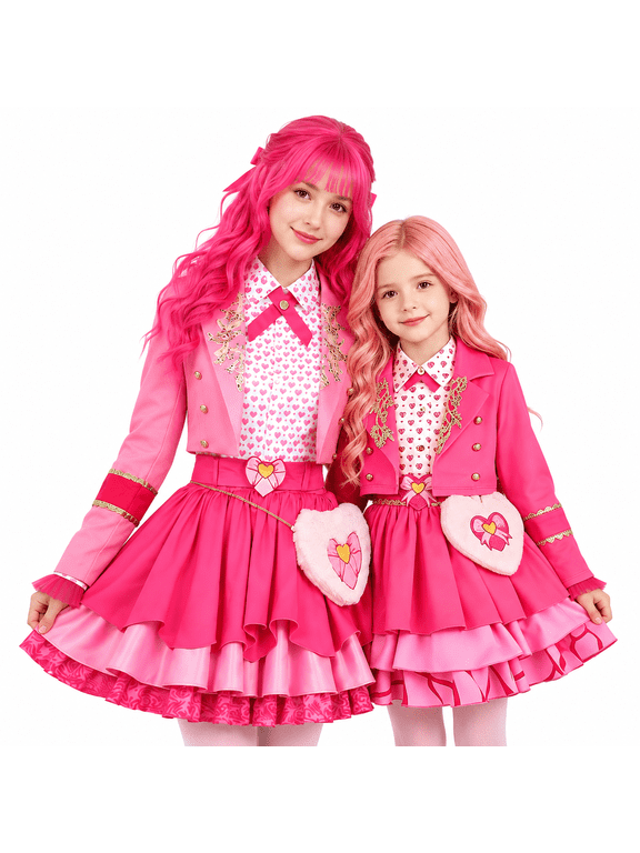 Pink Princess Costume Set for Ki'ds & Adults - Matching Pink Cosplay Costume Set with Blazer, Printed Shirt, Tiered Skirt & Heart Bag - Halloween Cosplay Dress Up Outfit for Parent & Little One