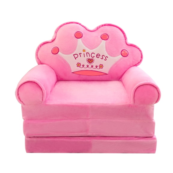 Pink Princess Crown Fold-Out Sofa Chair, 2-in-1 Convertible Plush Lounger, 20 Inch Small Flip Open Sofa to Bed for Reading Relaxing