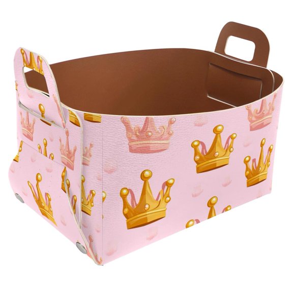 Pink Princess Crown Storage Basket Collapsible Storage Bin, PU Foldable Basket Convenient Box Storage Organizer with Handles for Shelves Office Bedroom Closet Nursery Toys Laundry