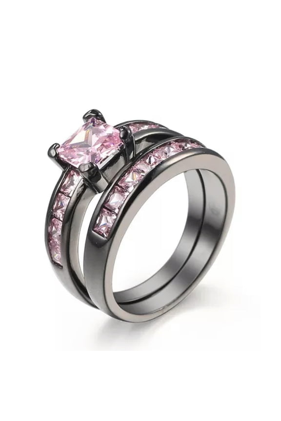 Pink Princess Cut CZ Bands Women's Black Gold Filled Wedding Ring Sets Size 6-10