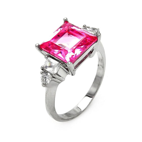 Pink Princess Cut Cubic Zirconia Designer Ring Rhodium Plated Sterling Silver Size 9