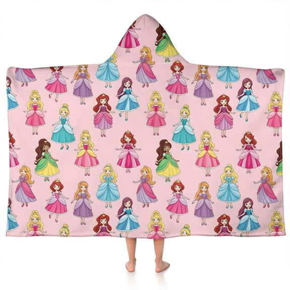 Pink Princess Pattern Hooded Bath Towel，50"x30" for Ages 3 To 12 Kids, Quick Dry Lightweight Soft Microfiber Hood Beach Towel Cover Up for Kids